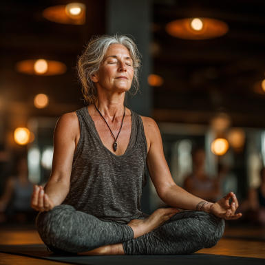 Persoană în vârstă practicând yoga în natură