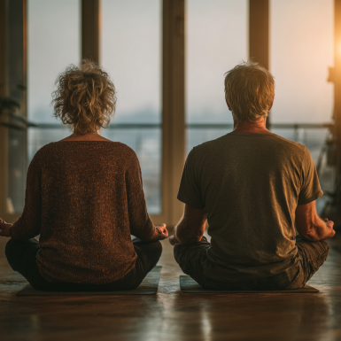 Grup de persoane mature practicând yoga împreună